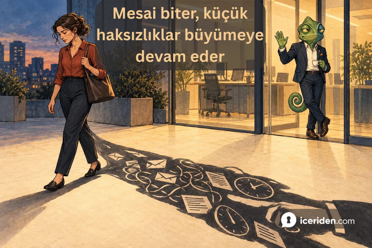 Akşam ofisten çıkan yorgun bir çalışan; gölgesinde e-postalar, saatler ve belgeler. Kapıda kahvesiyle el sallayan Kurumsal Bukalemun.