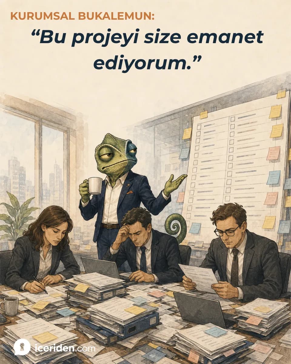 Bukalemun elinde kahveyle dev görev listesini ekibe gösteriyor: “Bu projeyi size emanet ediyorum.”