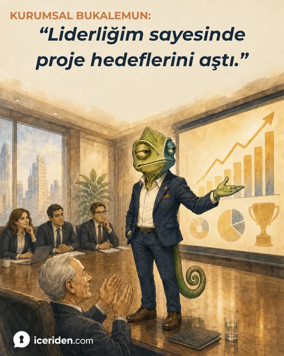 Bukalemun sunumda yükselen grafiği gösterirken bir yönetici alkışlıyor: “Liderliğim sayesinde proje hedeflerini aştı.”