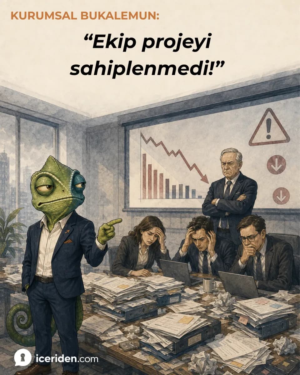 Proje kötü gidince bukalemun ekibi işaret ediyor, arkada düşen grafiğin önünde yönetici kollarını kavuşturmuş: “Ekip projeyi sahiplenmedi!”