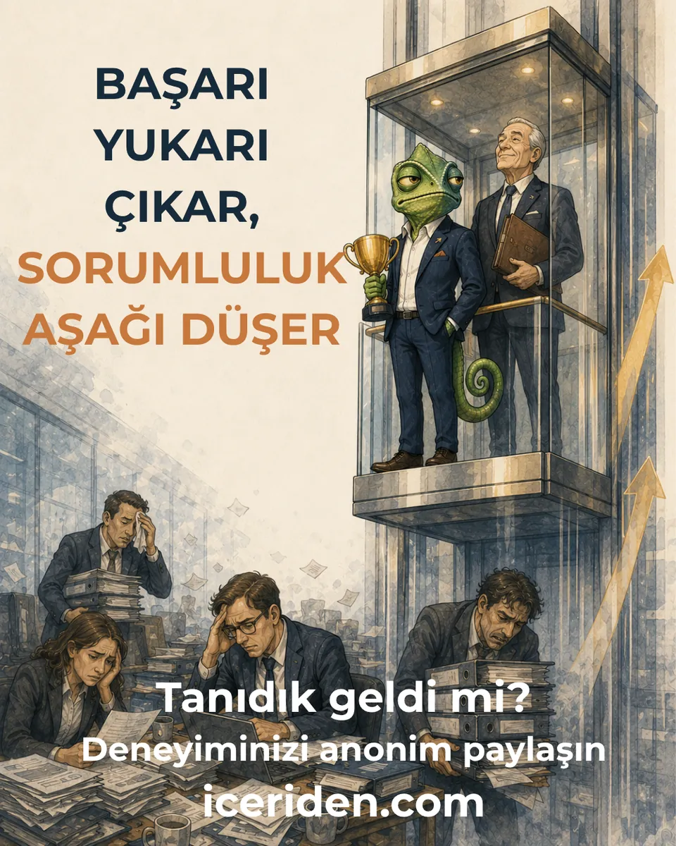 Bukalemun kupayla cam asansörde yükselirken aşağıdaki çalışanlar dosyaların altında eziliyor: “Başarı yukarı çıkar, sorumluluk aşağı düşer.”