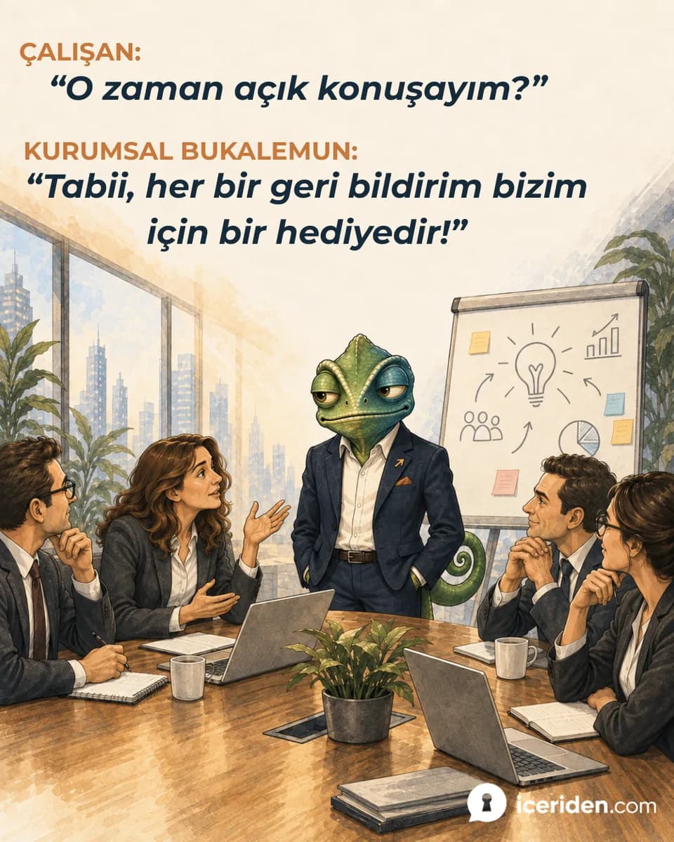 Bir çalışan söz isterken bukalemun ellerini cebine koymuş: “Tabii, her bir geri bildirim bizim için bir hediyedir!”