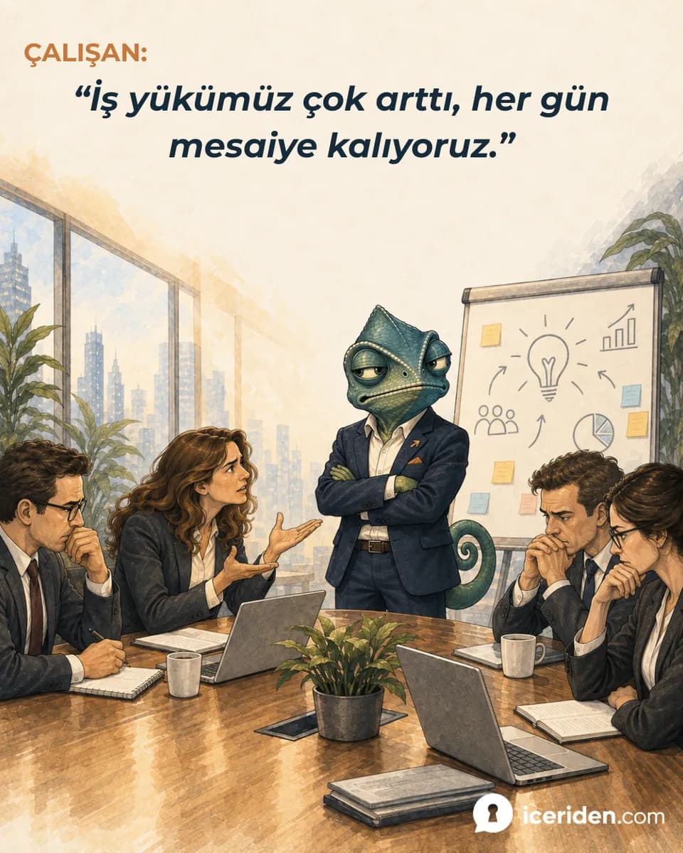 Çalışan iş yükünü anlatıyor, bukalemun kollarını kavuşturmuş: “İş yükümüz çok arttı, her gün mesaiye kalıyoruz.”