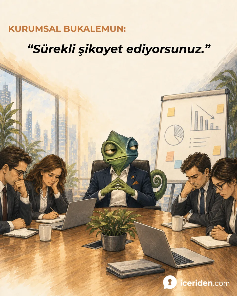 Bukalemun masa başında ellerini kenetlemiş, ekip bitkin bakıyor: “Sürekli şikayet ediyorsunuz.”