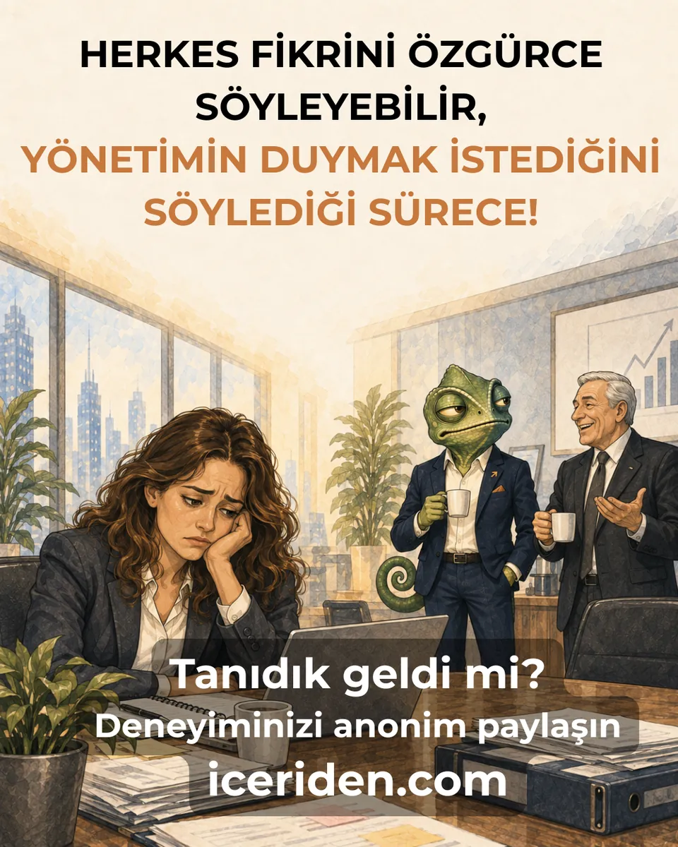 Yorgun bir çalışan başını eline dayamış, arkada bukalemun kahve içerek yöneticiyle gülüyor: “Herkes fikrini özgürce söyleyebilir, yönetimin duymak istediğini söylediği sürece!”
