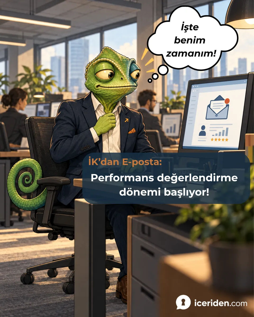 Bukalemun, bilgisayarda İK’dan gelen “Performans değerlendirme dönemi başlıyor!” e-postasına bakıp düşünüyor: “İşte benim zamanım!”