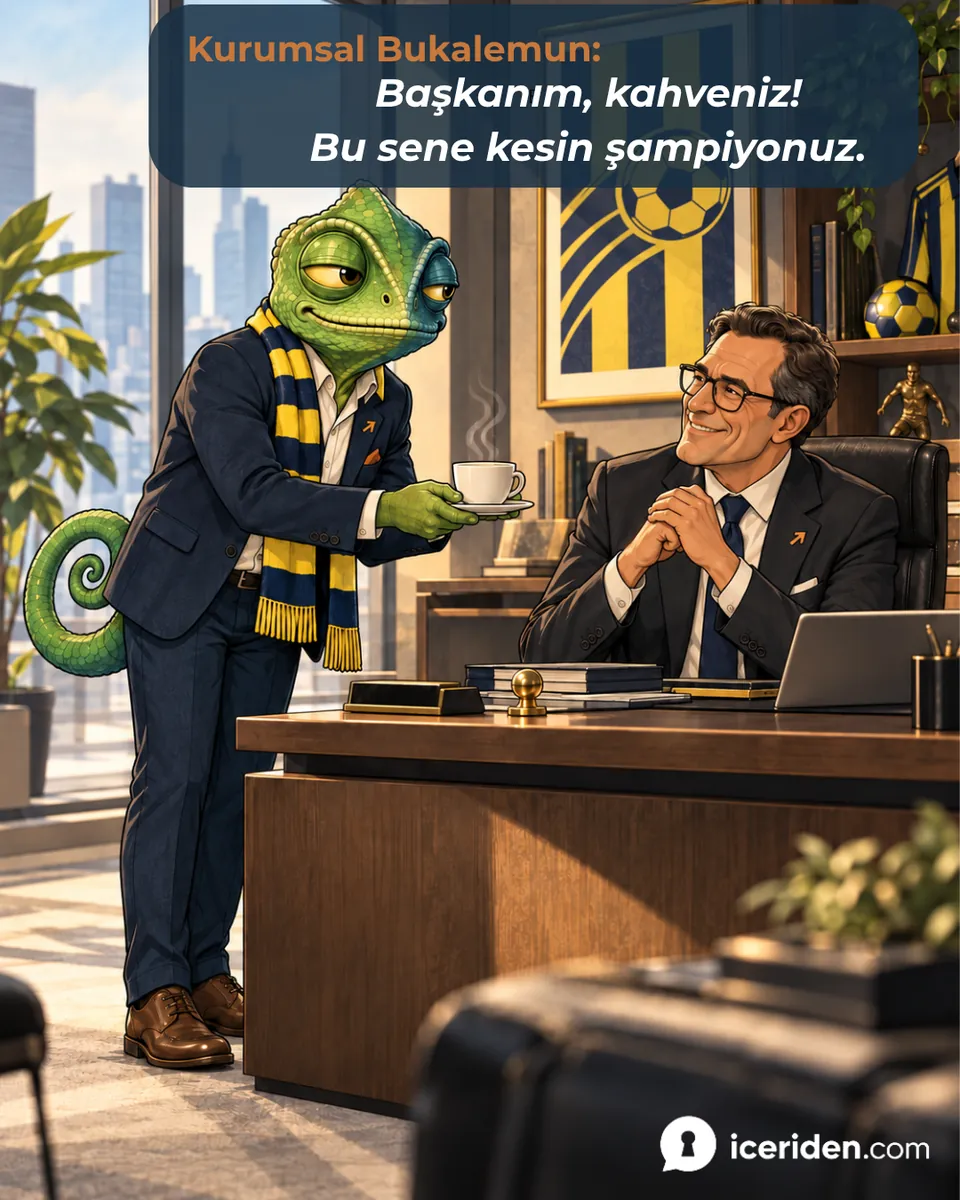 Atkılı bukalemun yöneticisine kahve uzatıyor: “Başkanım, kahveniz! Bu sene kesin şampiyonuz.”