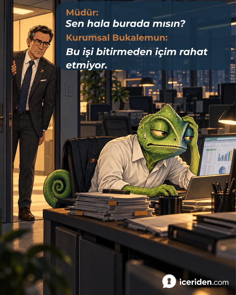 Bukalemun geç saatte yorgun görünerek masa başında çalışırken müdür kapıdan bakıyor: “Sen hala burada mısın?”