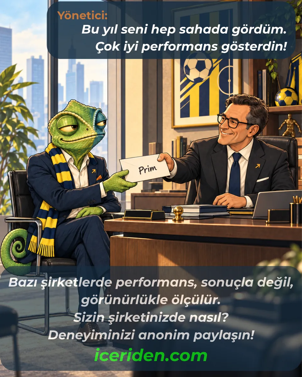 Yönetici bukalemuna “Prim” yazılı zarfı uzatıyor: “Bu yıl seni hep sahada gördüm. Çok iyi performans gösterdin!”