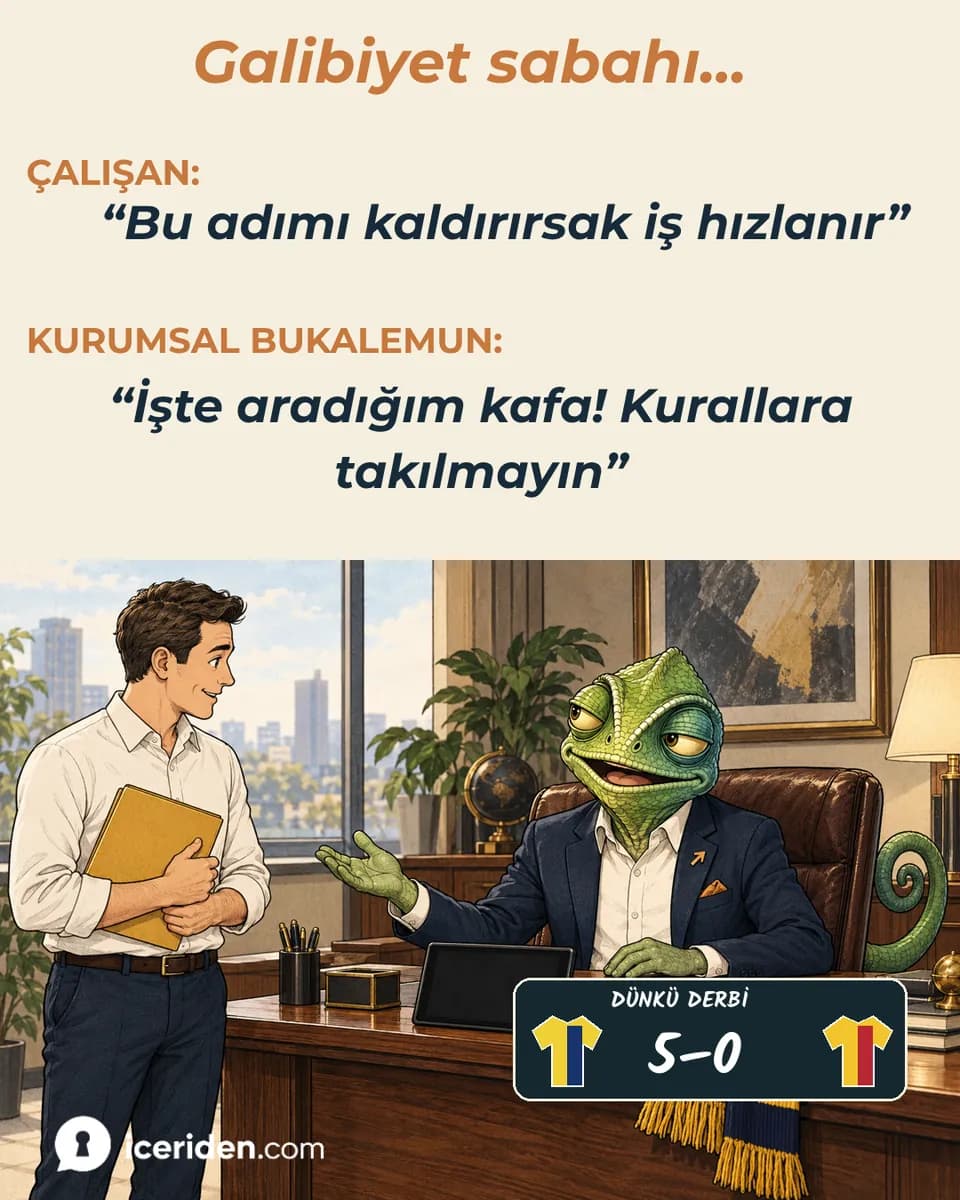 Galibiyet sabahı bukalemun masasında neşeyle çalışana el hareketi yapıyor: “İşte aradığım kafa! Kurallara takılmayın.” (skor tabelası 5-0)