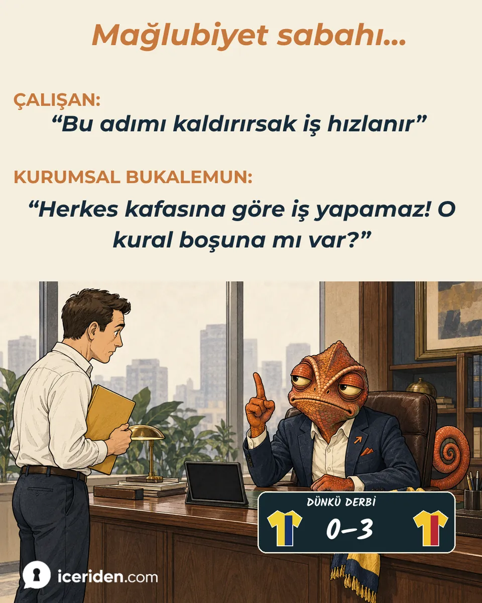 Mağlubiyet sabahı turuncuya dönen bukalemun aynı öneriye parmağını kaldırıyor: “Herkes kafasına göre iş yapamaz! O kural boşuna mı var?” (skor tabelası 0-3)
