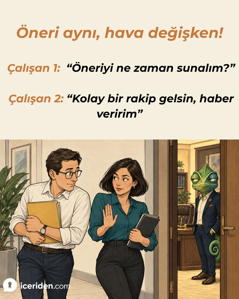 İki çalışan bukalemunun odasının kapısından çekinerek bakıyor: “Öneriyi ne zaman sunalım?” – “Kolay bir rakip gelsin, haber veririm.”