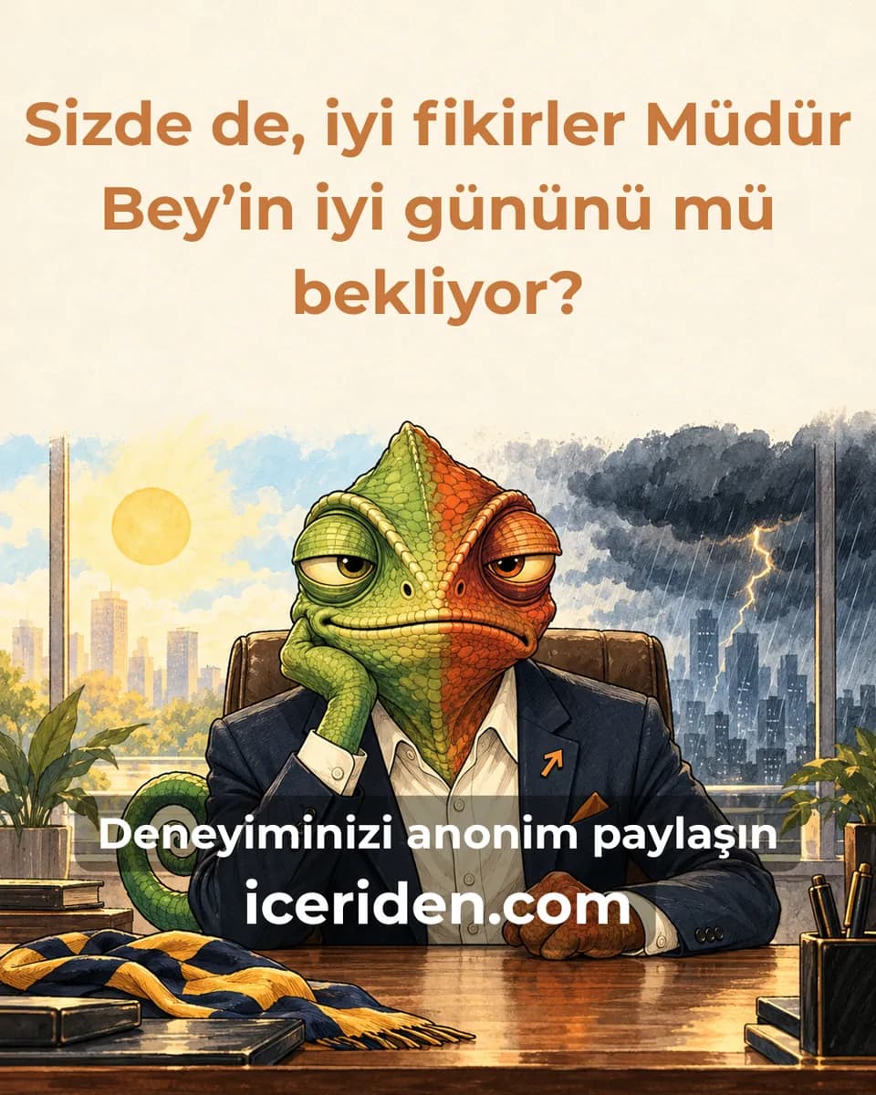 Yarısı yeşil yarısı turuncu bukalemun elini yanağına dayamış, arkasında bir yanda güneş, bir yanda fırtına: “Sizde de iyi fikirler Müdür Bey’in iyi gününü mü bekliyor?”