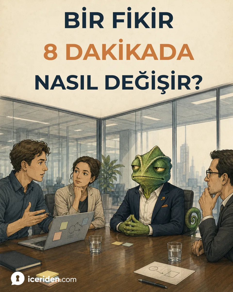 Toplantı masasında bir fikri anlatan genç çalışan, yanında bukalemun ve iki meslektaşı; başlık: “Bir fikir 8 dakikada nasıl değişir?”