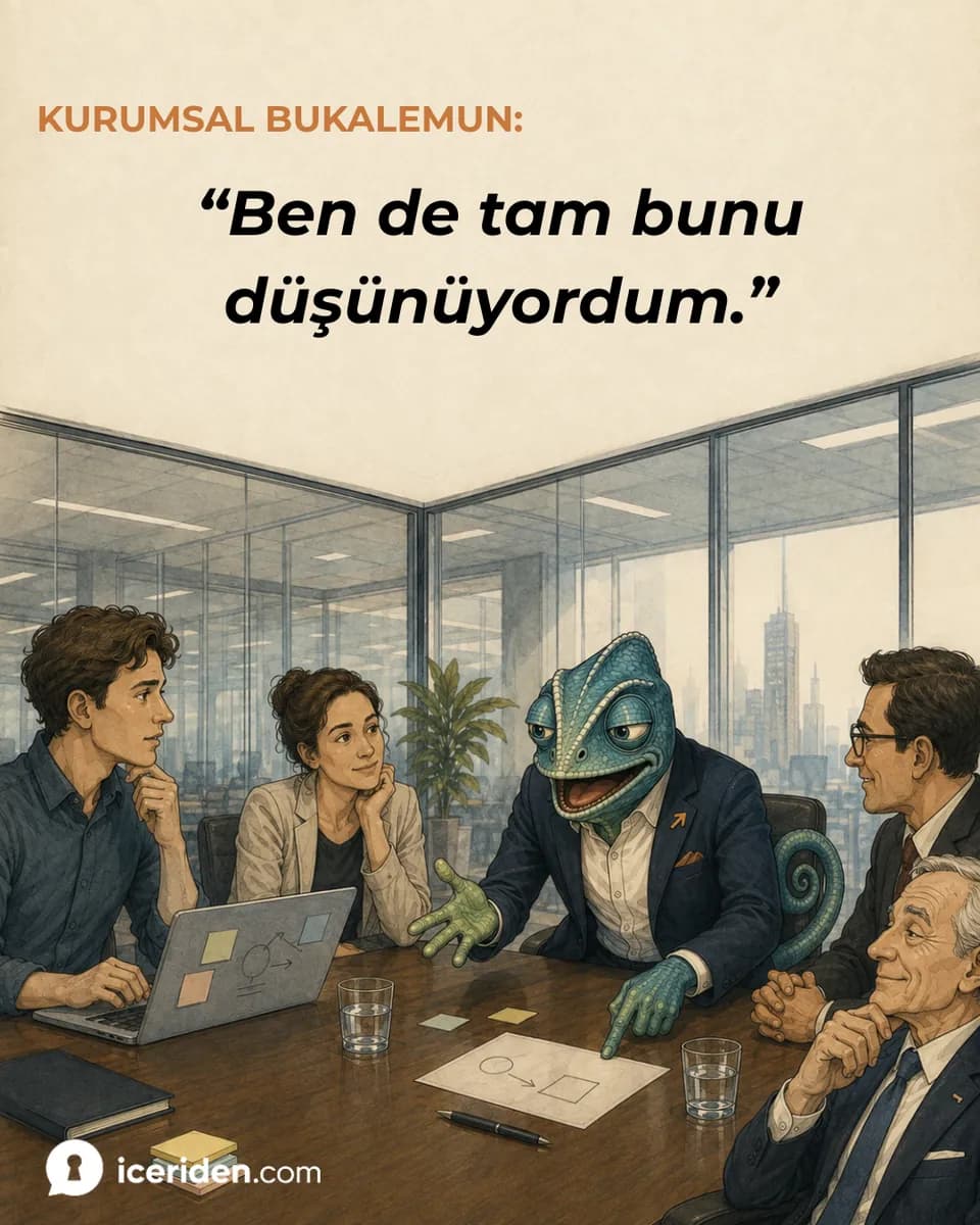 Bukalemun yöneticiye gülümseyerek dönüyor: “Ben de tam bunu düşünüyordum.”