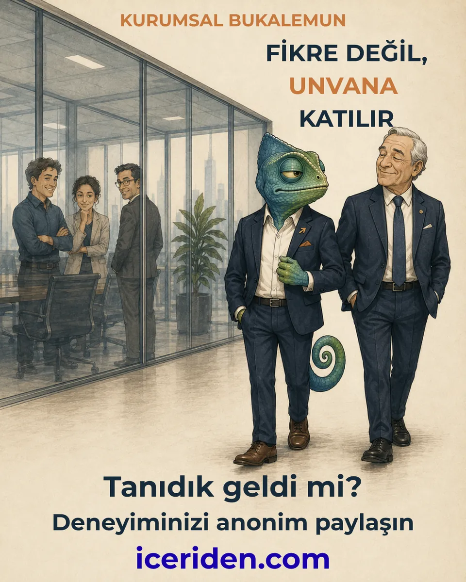 Bukalemun ve yönetici koridorda yan yana yürürken arkadaki ekip onları izliyor: “Fikre değil, unvana katılır.”