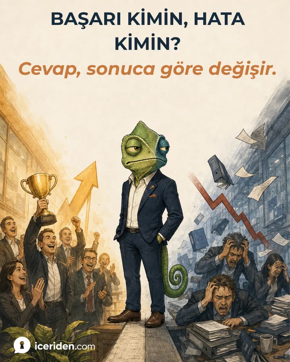 Bukalemun, bir yanda kupa kaldırıp kutlayan ekibin, öbür yanda dosya yığınları altında bunalan çalışanların ortasında duruyor: “Başarı kimin, hata kimin?”