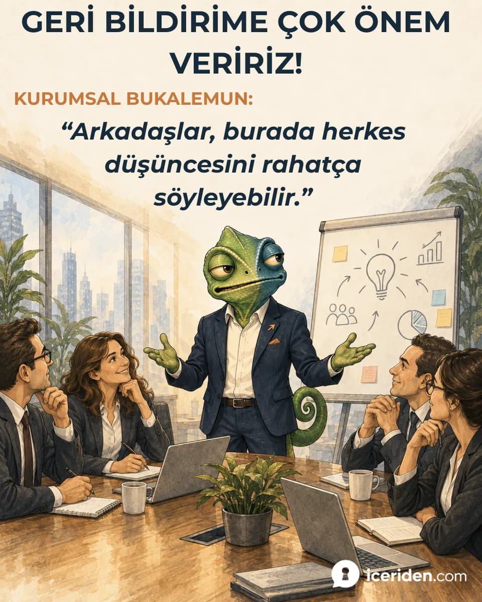 Bukalemun toplantıda kollarını açmış, masadaki ekibe konuşuyor: “Burada herkes düşüncesini rahatça söyleyebilir.”