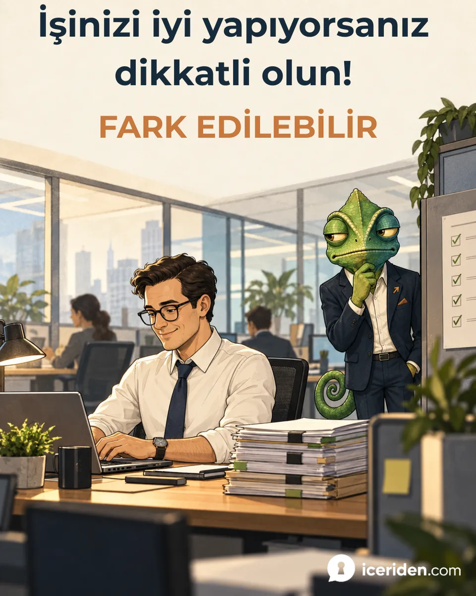 Çalışan bilgisayar başında odaklanmış çalışırken bukalemun köşeden düşünceli izliyor: “İşinizi iyi yapıyorsanız dikkatli olun! Fark edilebilir.”