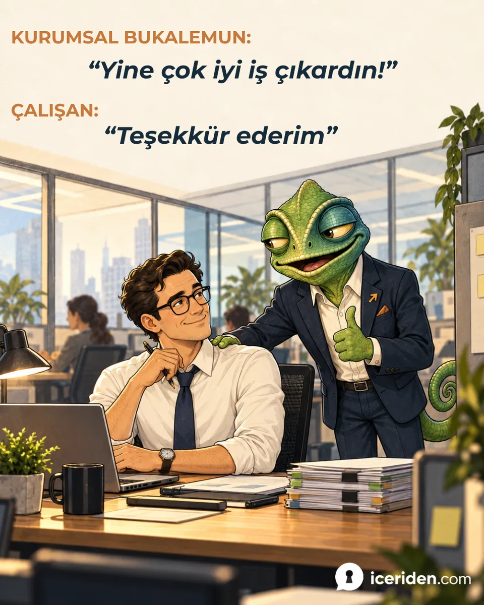 Bukalemun çalışanın omzuna dokunup başparmağını kaldırıyor: “Yine çok iyi iş çıkardın!”