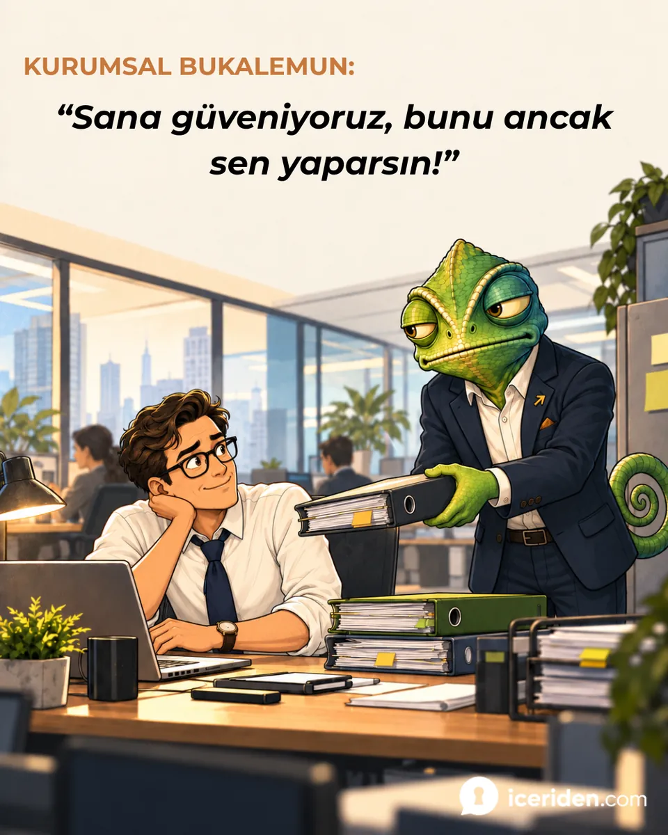 Bukalemun çalışanın masasına kalın bir klasör uzatıyor: “Sana güveniyoruz, bunu ancak sen yaparsın!”