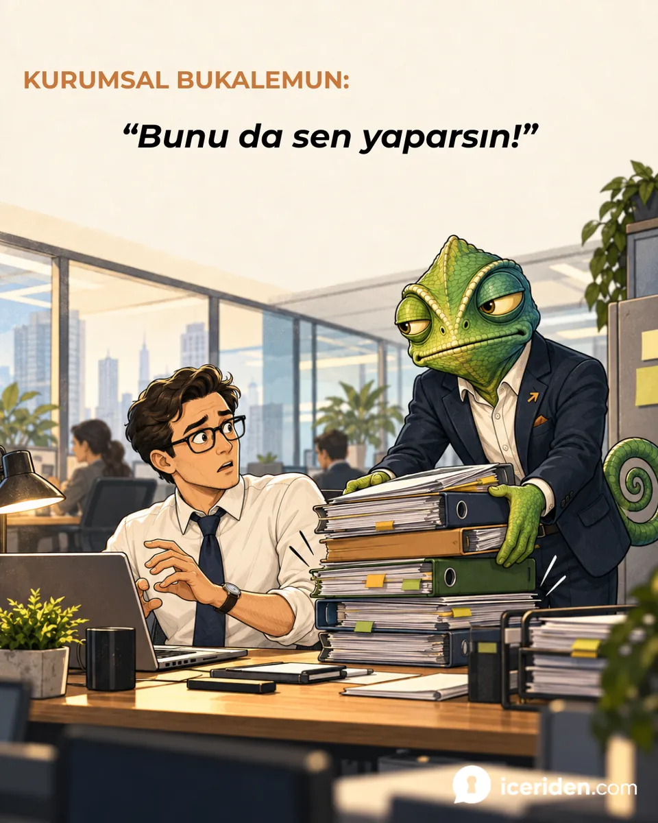 Şaşıran çalışanın masasına bukalemun yeni bir dosya yığını bırakıyor: “Bunu da sen yaparsın!”
