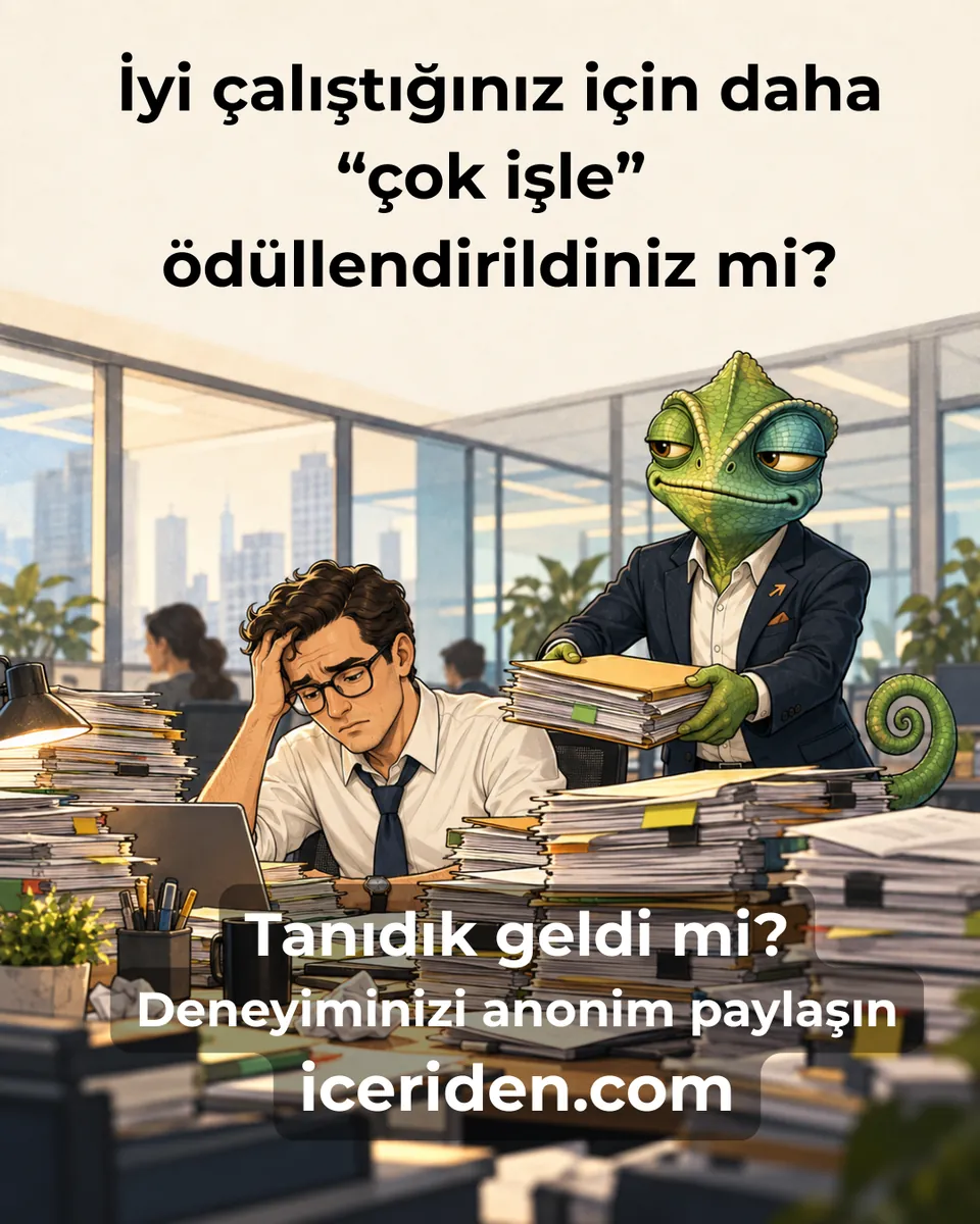 Başını elleriyle tutan bitkin çalışanın masası dosyalarla dolarken bukalemun bir tomar daha getiriyor: “İyi çalıştığınız için daha çok işle ödüllendirildiniz mi?”