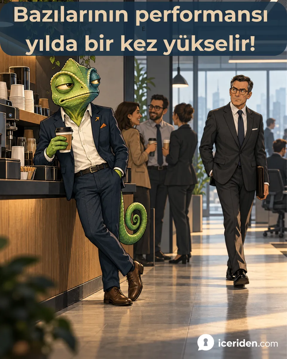 Bukalemun ofis mutfağında kahvesiyle yaslanmış beklerken bir yönetici yanından geçiyor: “Bazılarının performansı yılda bir kez yükselir!”