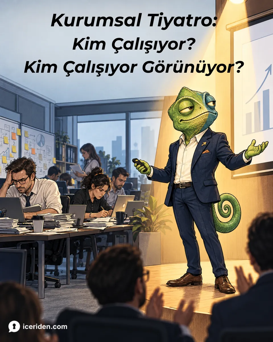 Bukalemun alkışlayan seyircinin önünde sahnede konuşurken arkada çalışanlar işe gömülmüş: “Kurumsal Tiyatro: Kim çalışıyor? Kim çalışıyor görünüyor?”