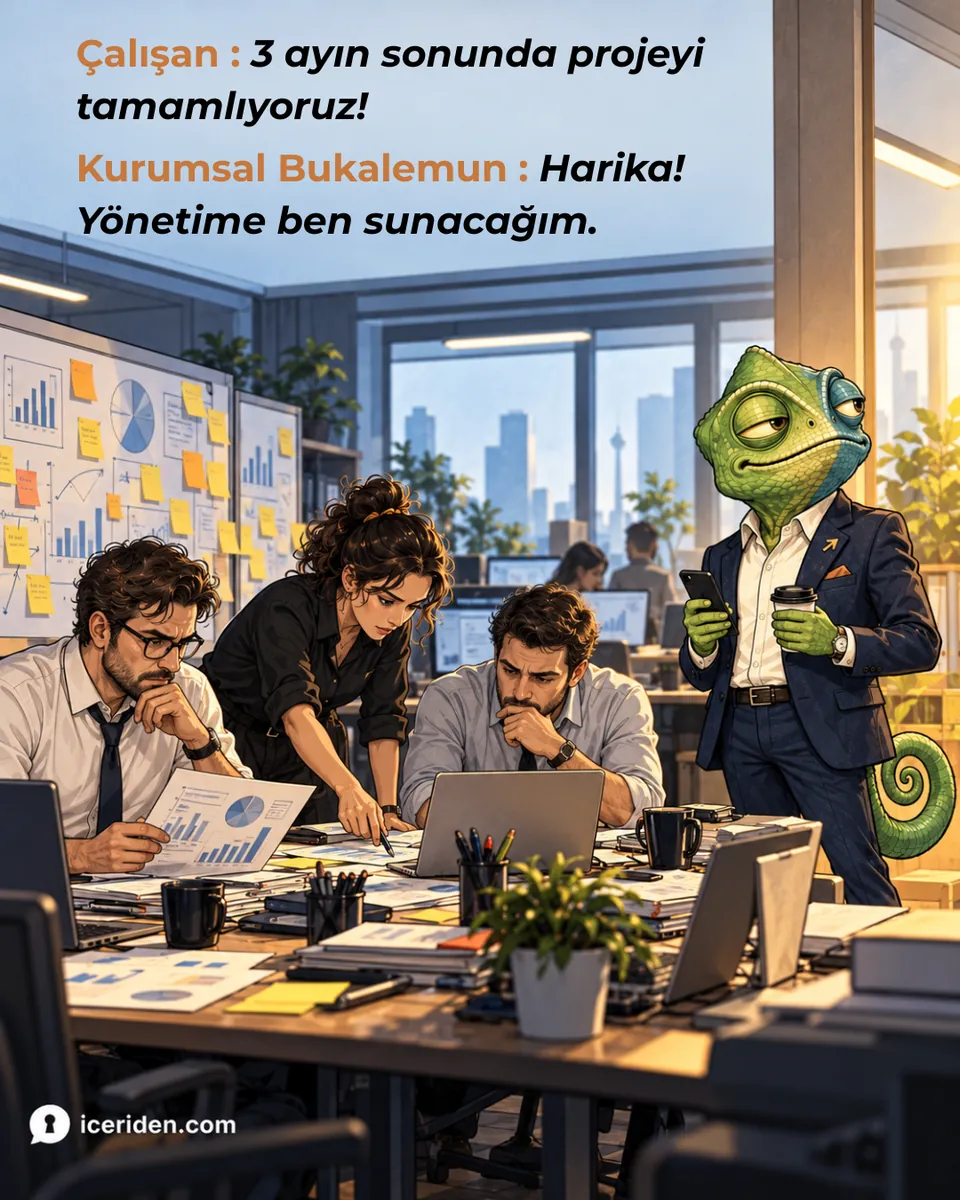 Ekip proje panosunun başında çalışırken bukalemun elinde telefon ve kahveyle ekliyor: “Harika! Yönetime ben sunacağım.”