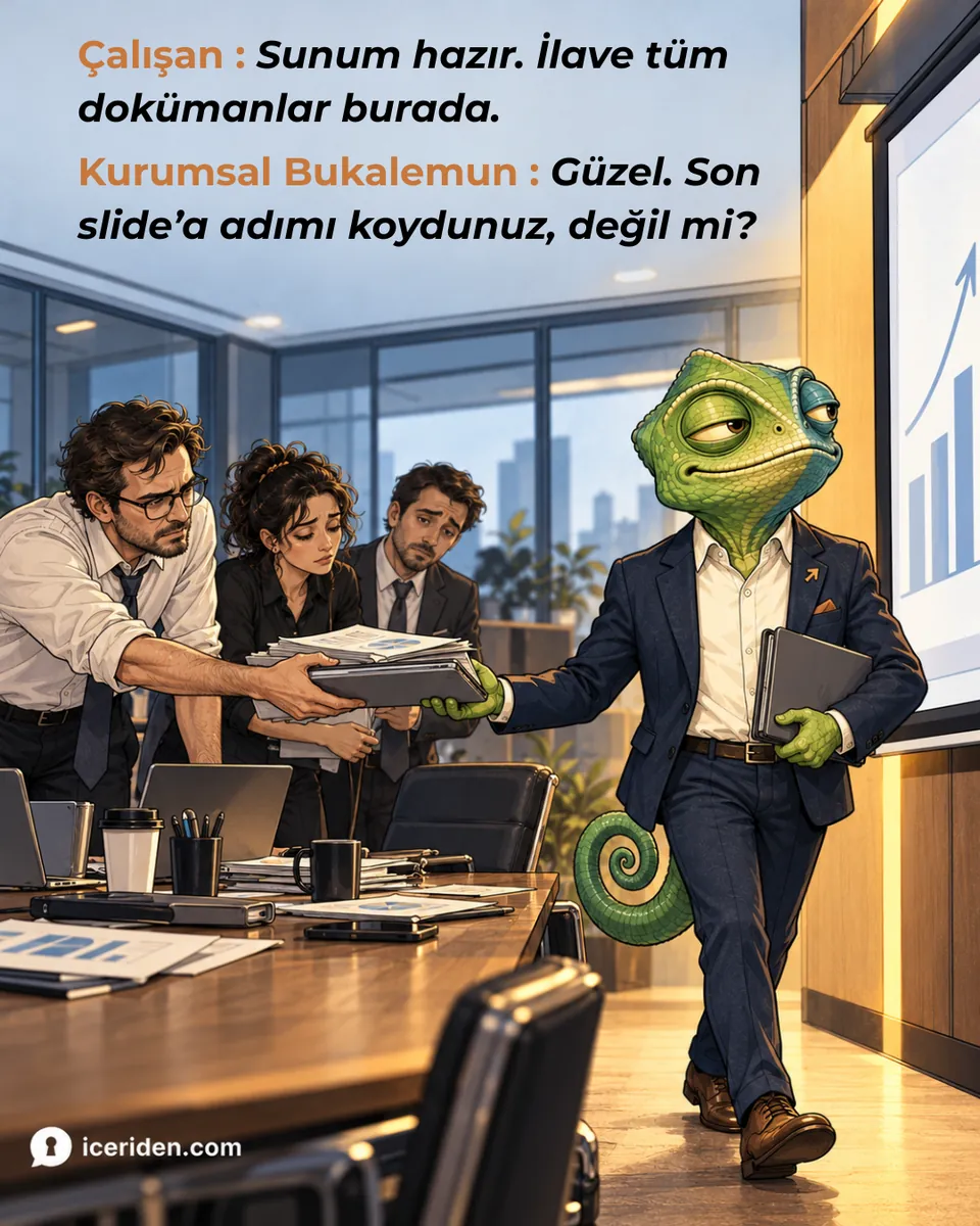 Çalışan dosyaları bukalemuna uzatıyor: “Sunum hazır. İlave tüm dokümanlar burada.”