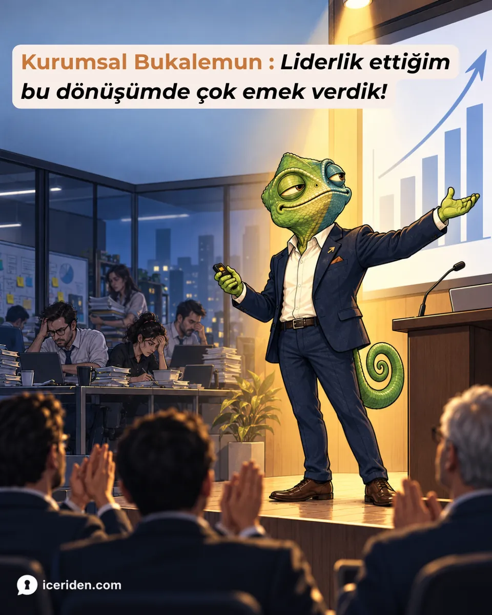 Bukalemun sahnede yükselen grafiği gösteriyor, arkada ekip bitkin: “Liderlik ettiğim bu dönüşümde çok emek verdik!”