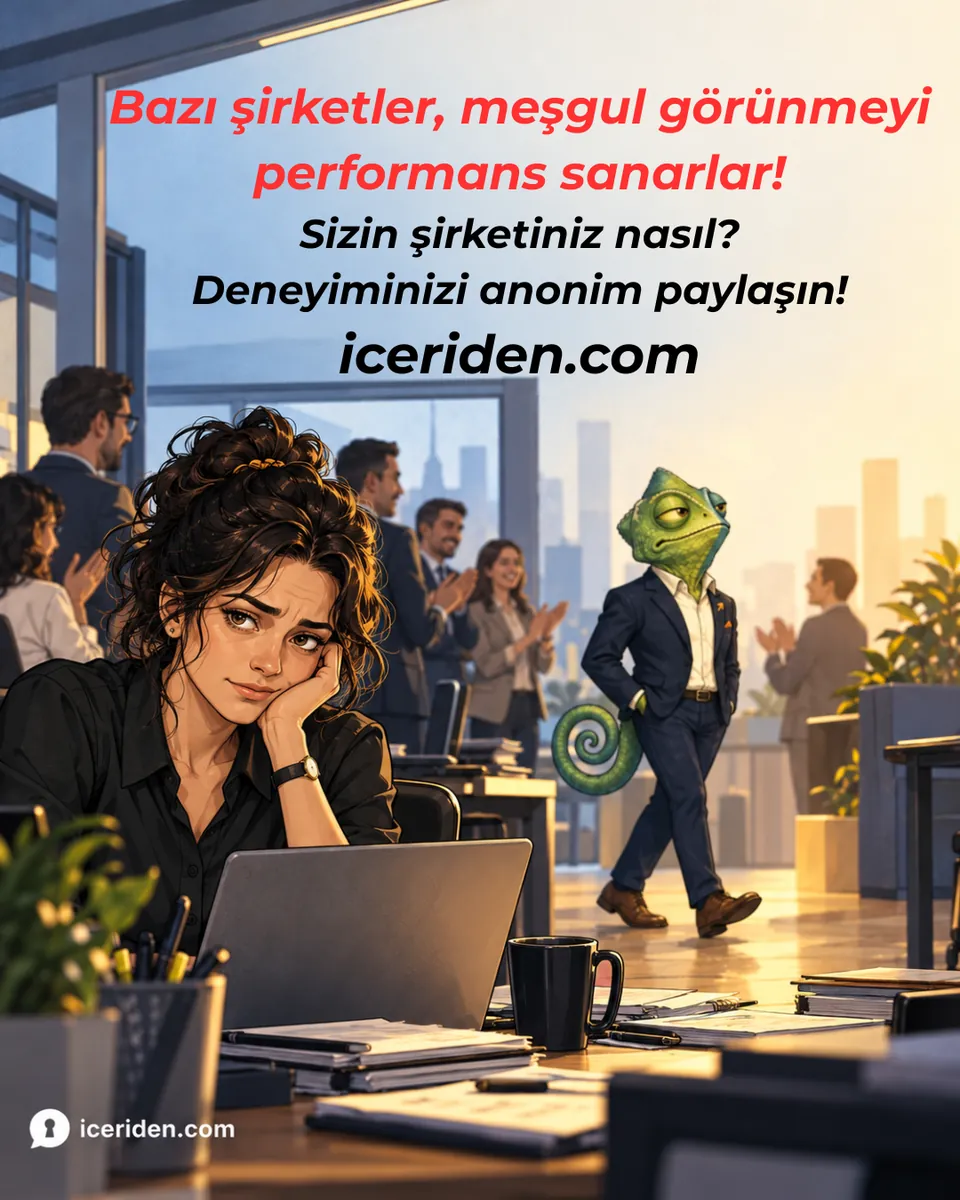 Yorgun bir çalışan başını elinin üstüne dayamışken arkada bukalemun alkışlar arasında yürüyor: “Bazı şirketler, meşgul görünmeyi performans sanarlar!”